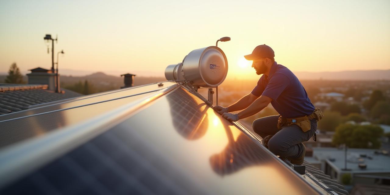 Presidio technician installing a solar water heater on a Tucson rooftop