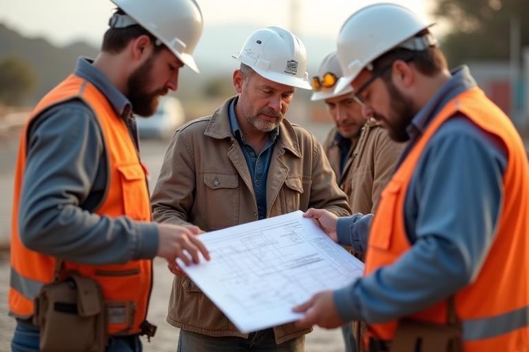 Presidio crew discussing schematic on a construction site
